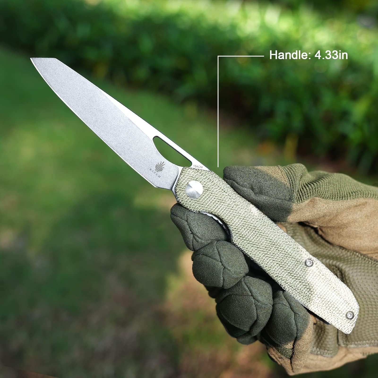 Kizer Genie Pocket Knife 3.39 Inches 154CM Steel Blade EDC Knife Green Micarta Handle Folding Pocket Knife Thumb Hole Openers Camping Hunting Knife V4545C1