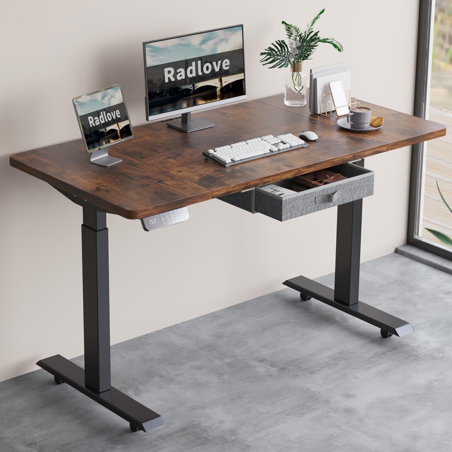 Radlove Dual Motors Height Adjustable 55 x 30'' Electric Standing Desk with Drawer Stand Up Table 4 Memory Keys, Computer Desk with Splice Board Home Office Desk, Rustic Brown Top + Black Frame