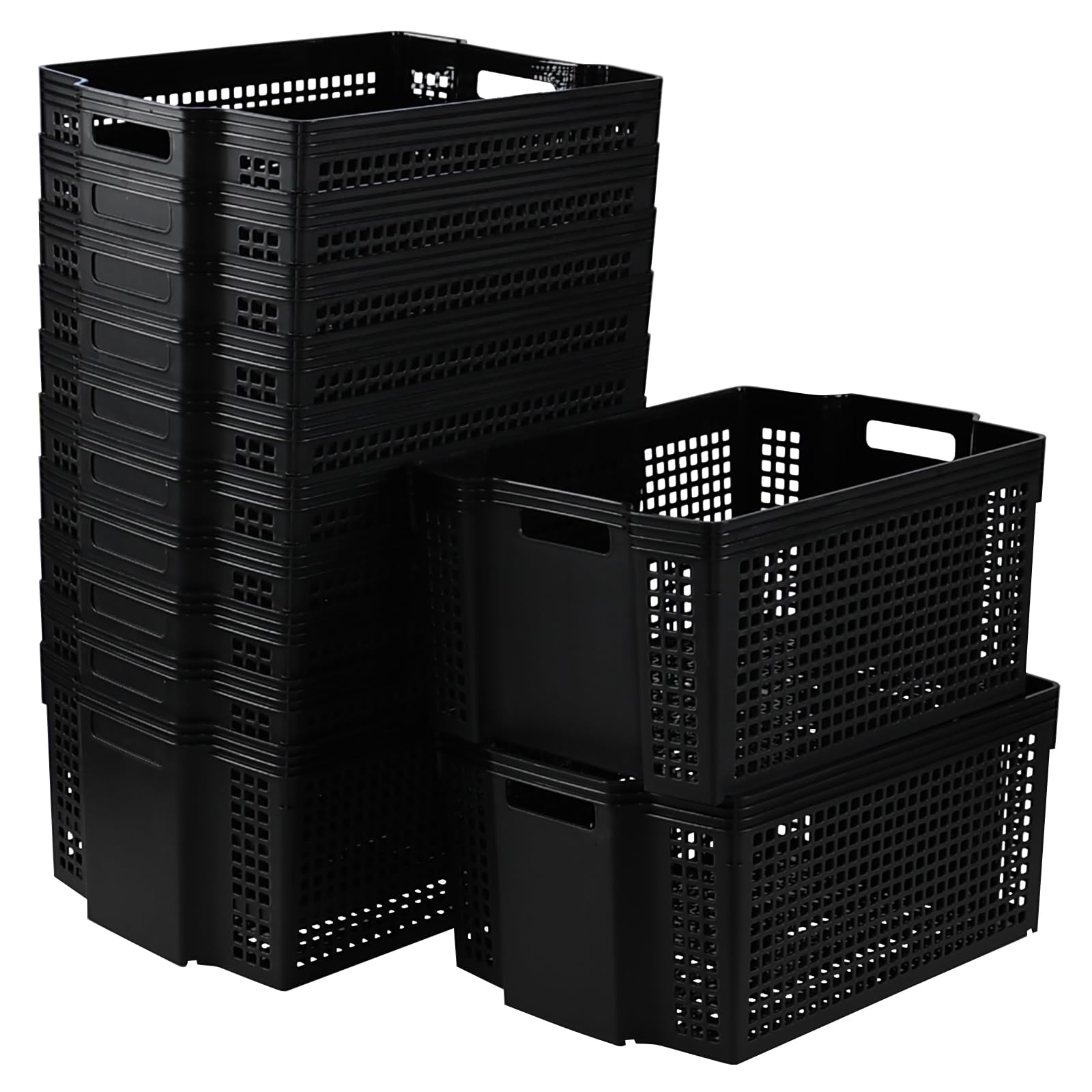 Begale 12 Pack Large Plastic Storage Baskets Organizer, Black Stacking Storage Basket Bin for Pantry, Shelves