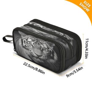 Lotupokon Vintage White Tiger Black Pencil Case Zipper Pen Bag Large Capacity Pencil Pouch Pencil Box Purse Organizer Pouches for Boys Kids Girls Students School Office College Supplies Gifts