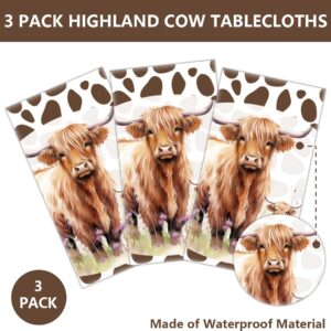 3Pcs Highland Cow Tablecloth Brown Cow Print Table Cover Kids Birthday Party Disposable Rectangle Plastic Waterproof for Baby Shower Decorations 54 x 108 inches