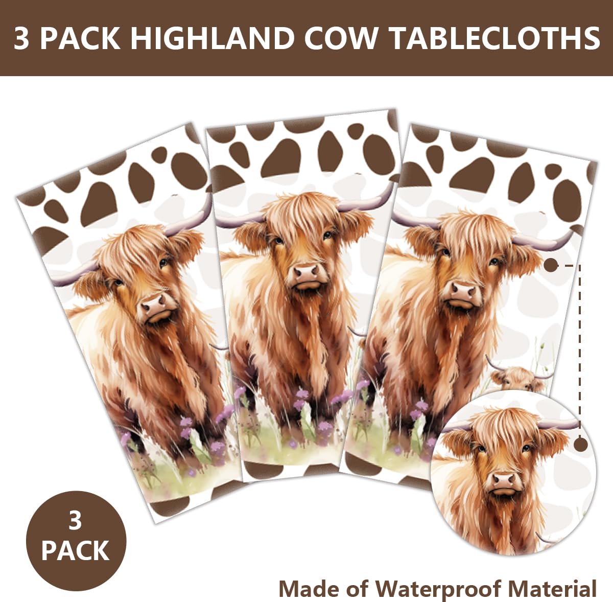 3Pcs Highland Cow Tablecloth Brown Cow Print Table Cover Kids Birthday Party Disposable Rectangle Plastic Waterproof for Baby Shower Decorations 54 x 108 inches