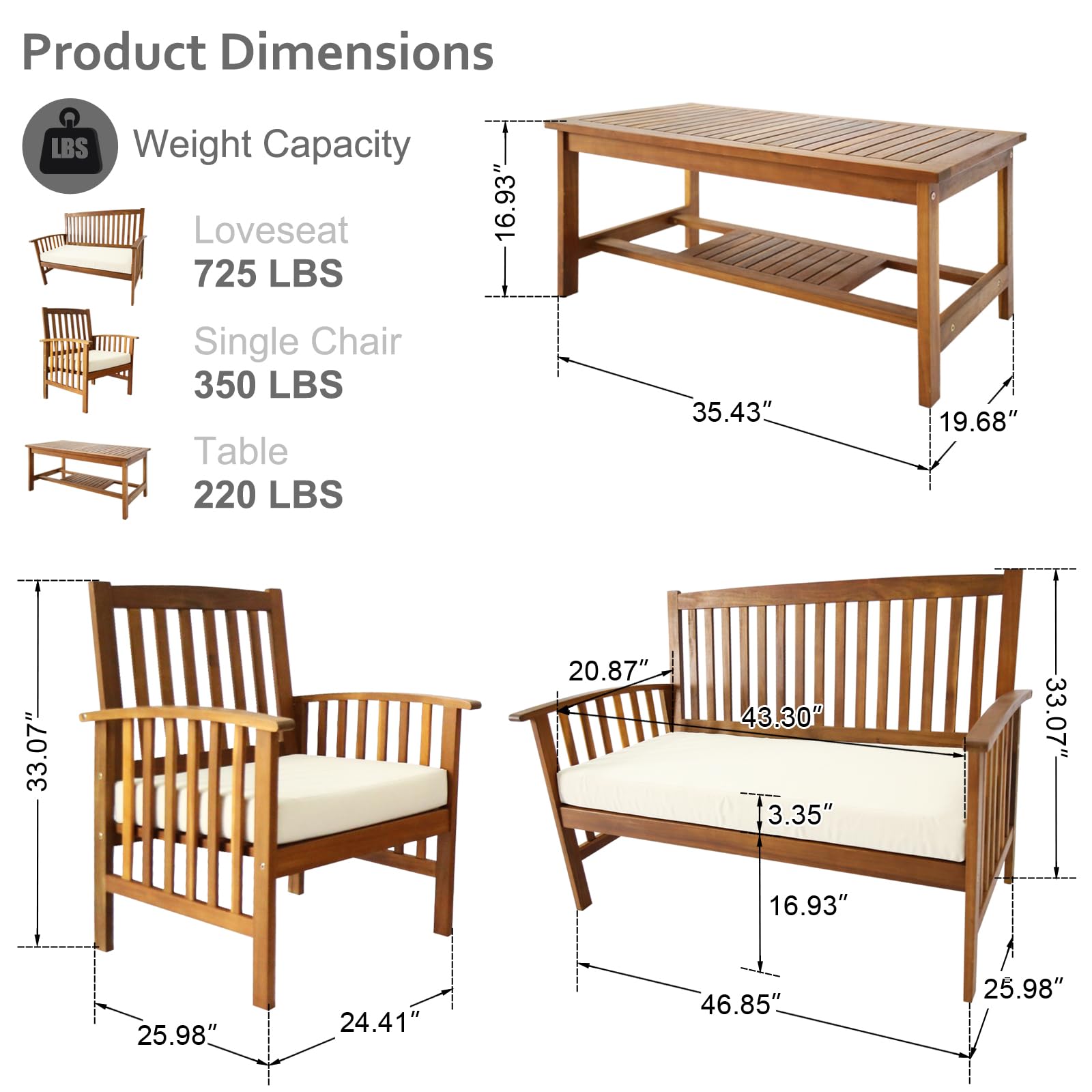 VINGLI Outdoor Patio Furniture, 4 Piece Acacia Wood Sofa Set w/Coffee Table, Patio Table and Chairs Set, Outdoor Patio Lounge Conversation Set for Deck, Backyard, Balcony