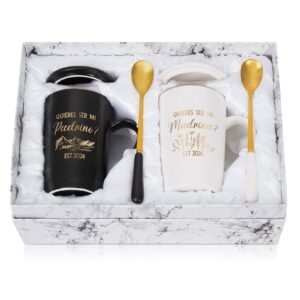 maustic godparents proposal gift, quieres ser mi padrino madrina est 2024 mugs set, will you be my godparents gifts in spanish, padrinos de bautizo propuesta gifts, black & white 14 oz