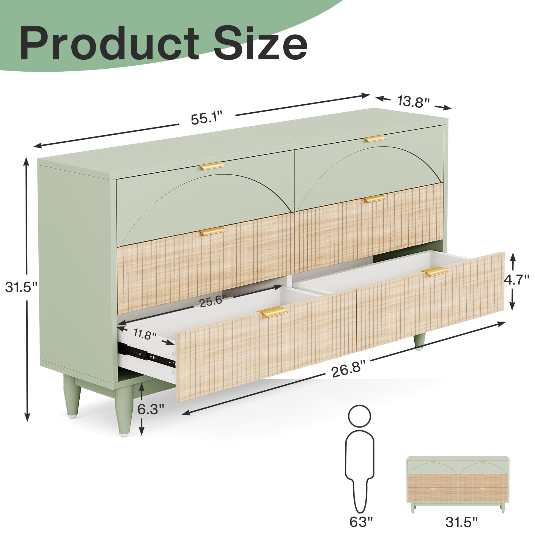 Tribesigns 6-Drawer Dresser for Bedroom: 55 Inches Modern Chest of Drawers with Gold Metal Handles, Green Long Double Dresser Organizer Wood Cabinet for Bedroom, Closet, Living Room