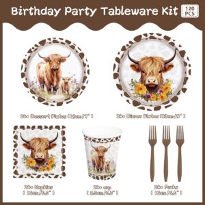 120pcs Highland Cow Birthday Party Supplies Plates Napkins Holy Cow Paper Disposable Tableware Set Cups Forks for 24 Guests