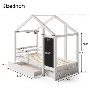 DNYN Twin Size House Bed with Storage Drawers for Kid Bedroom,Solid Wood Platfrom Bedframe w/Blackboard Design,Super Save Space & No Box Spring Needed, White