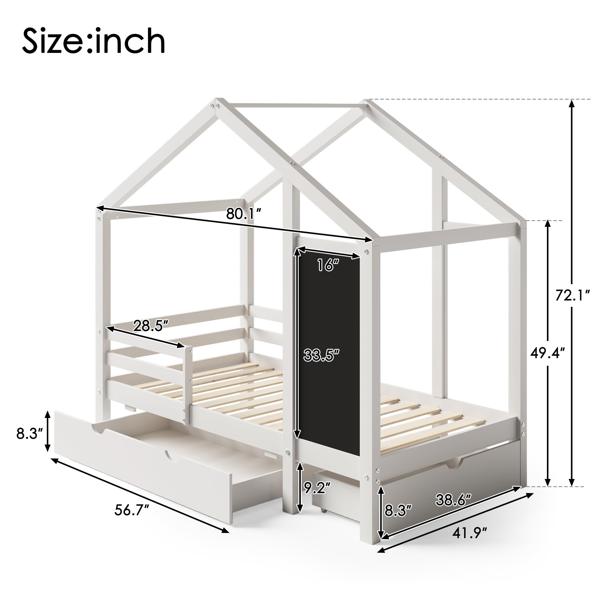 DNYN Twin Size House Bed with Storage Drawers for Kid Bedroom,Solid Wood Platfrom Bedframe w/Blackboard Design,Super Save Space & No Box Spring Needed, White