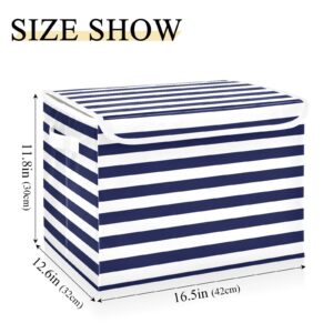 YETTASBIN Navy Blue Stripes Storage Basket with Lid and Handles, Large Collapsible Fabric Storage Bins Sturdy Storage Organizer for Shelves, Closet, Bedroom, School, Office, Home Decor