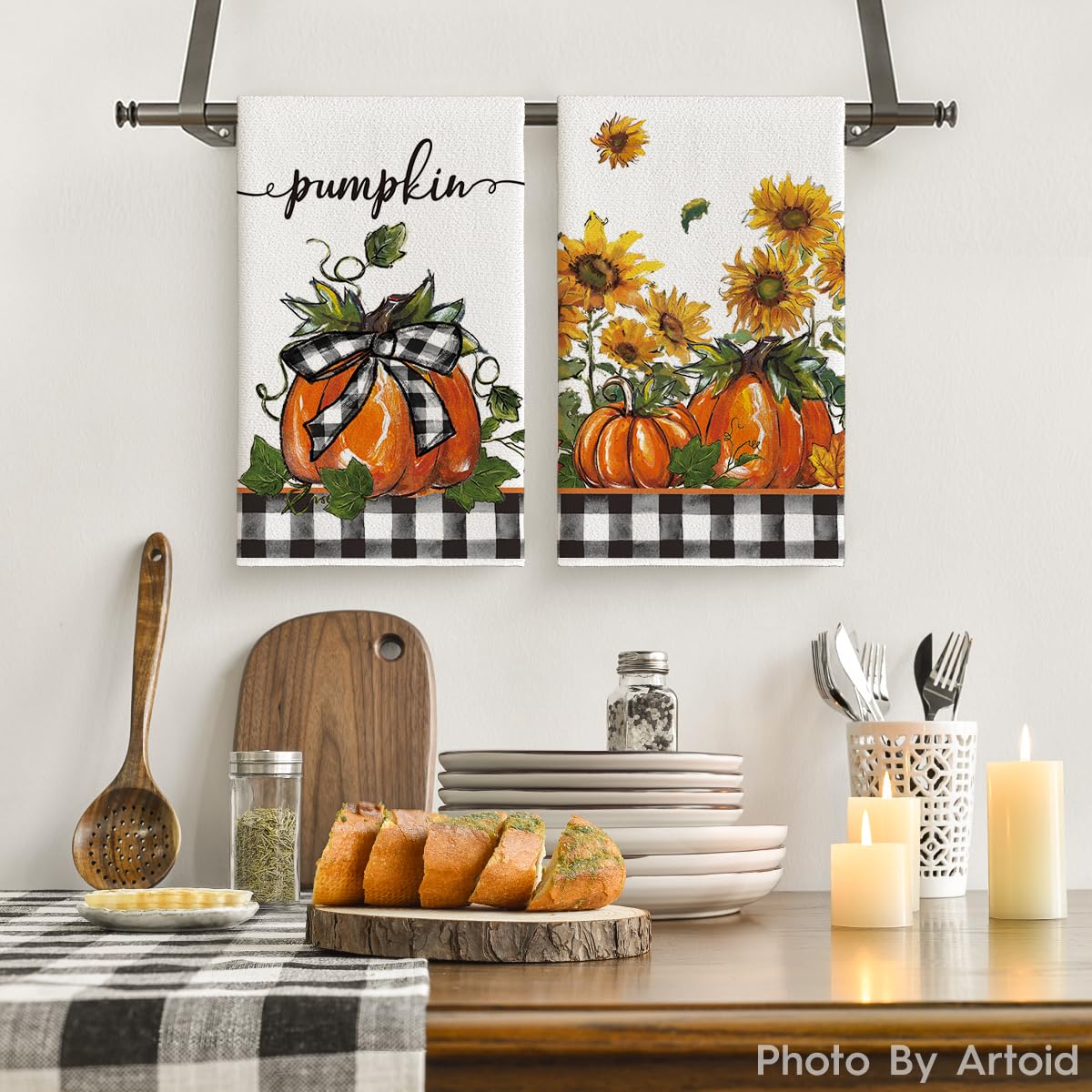 Artoid Mode Buffalo Plaid Bowknot Pumpkin Fall Kitchen Towels Dish Towels, 18x26 Inch Farmhouse Sunflower Thanksgiving Decoration Hand Towels Set of 2