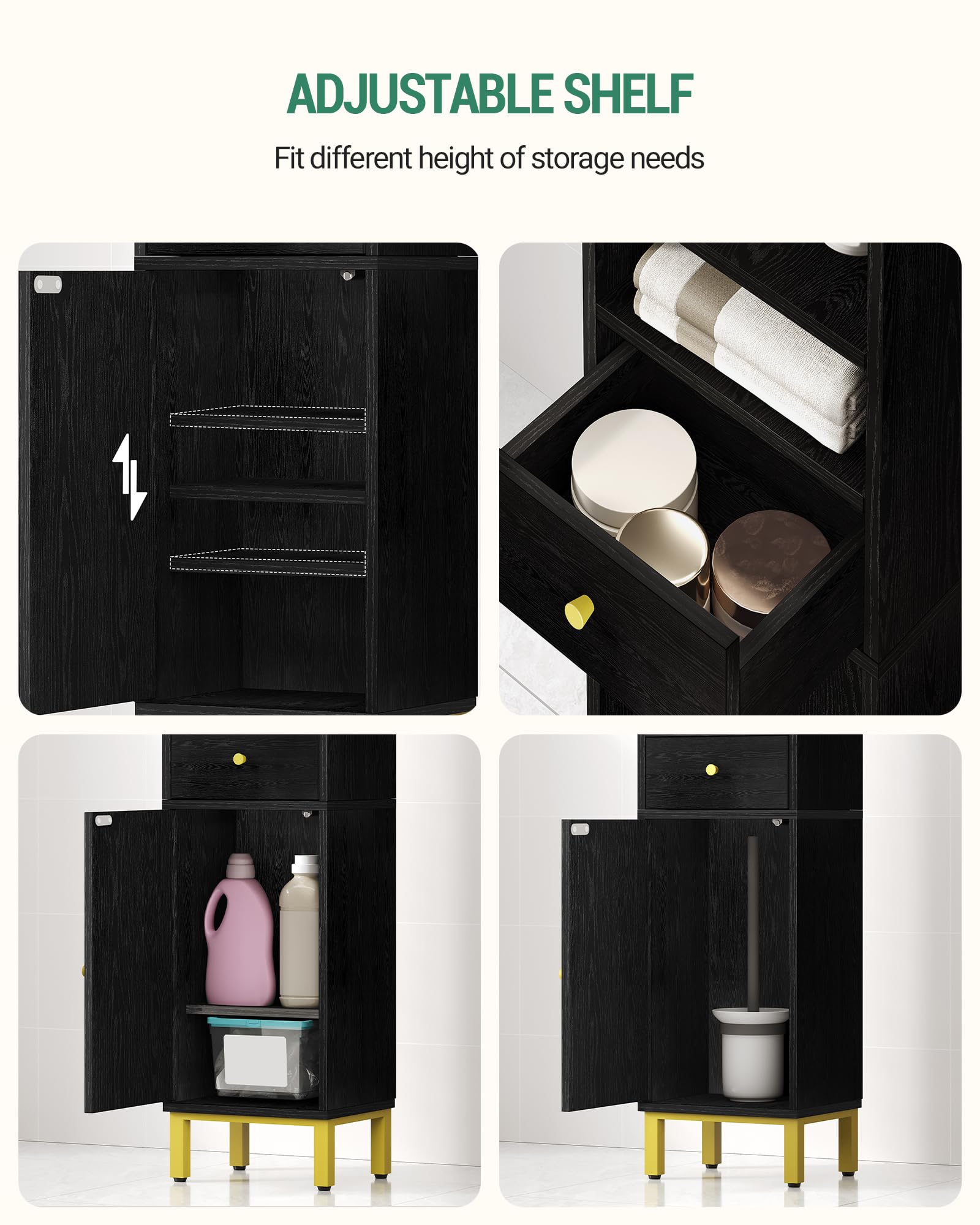 Hzuaneri Bathroom Storage Cabinet, Corner Floor Cabinet with Drawers and Doors, Narrow Toilet Paper Cabinet, Bathroom Organizer with Adjustable Shelf, for Small Spaces, Black BC29804G