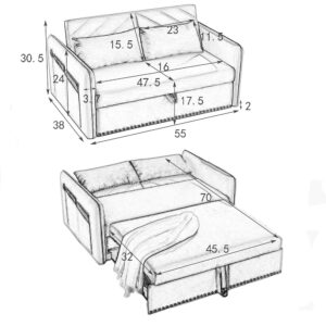 SumKea Loveseat Sleeper USB Port Pull Out Couch with Nailhead Trim, 3 in 1 Sofa Bed Adjustable Backrest with 2 Pillows, Grey