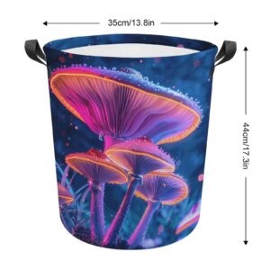 TsyTma Bright Neon Mushrooms Small Laundry Basket for Bedrooms Colorful Collapsible Round Laundry Hamper with Handles Round Toy Bin for Dirty Clothes Bathroom