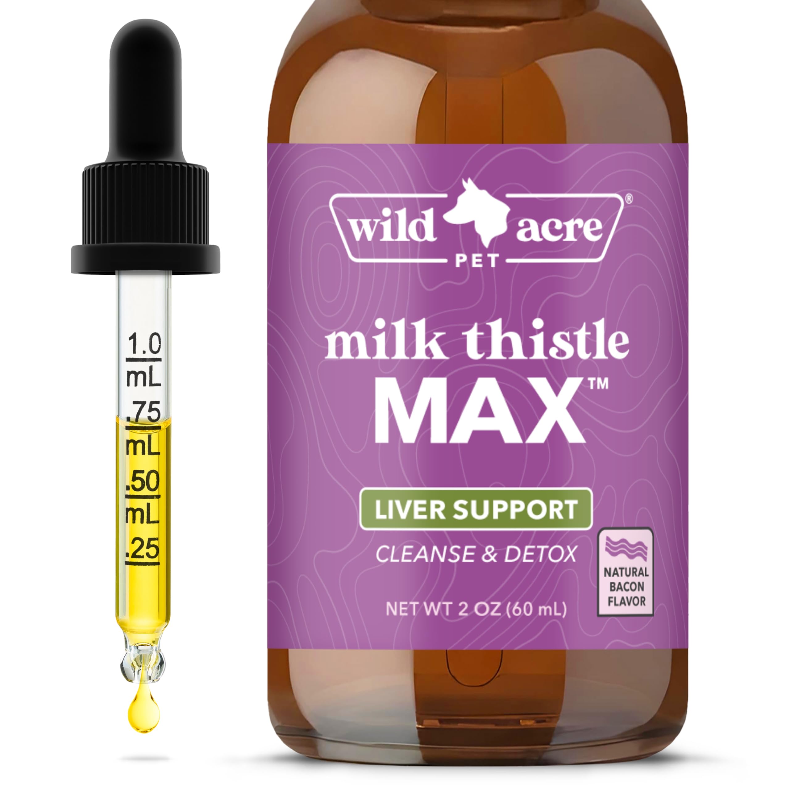 Wild Acre Milk Thistle for Dogs - Max Strength Liver Support, Cleanse & Detox - Natural Bacon Flavor - Simply Add to Food - Picky Pup Approved, 2 oz (60mL)