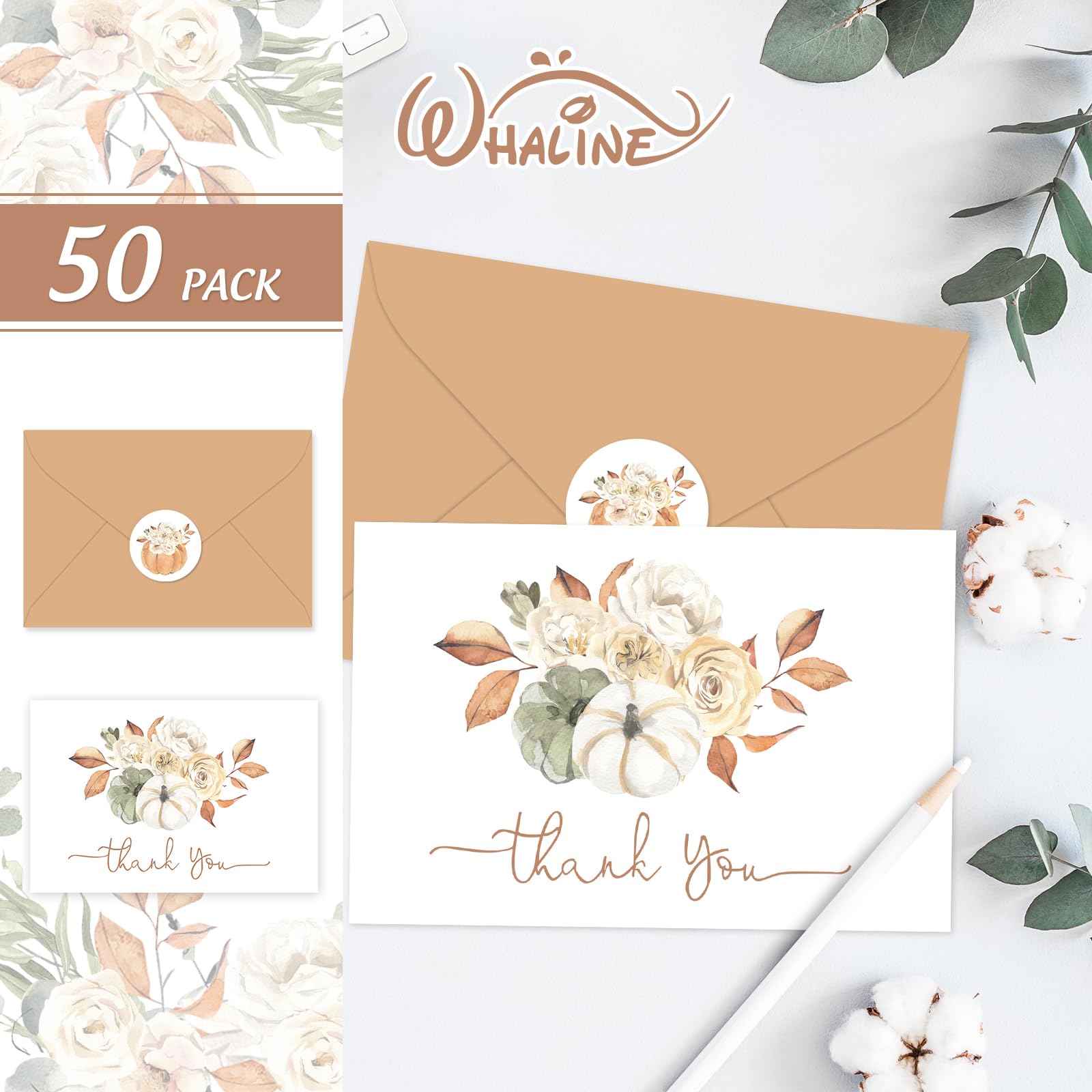 Whaline 50 Pack Fall Thank You Cards Bulk Watercolor Autumn Floral Pumpkin Note Cards with Envelopes Stickers Retro Blank Cards for Thanksgiving Harvest Wedding Baby Bridal Shower