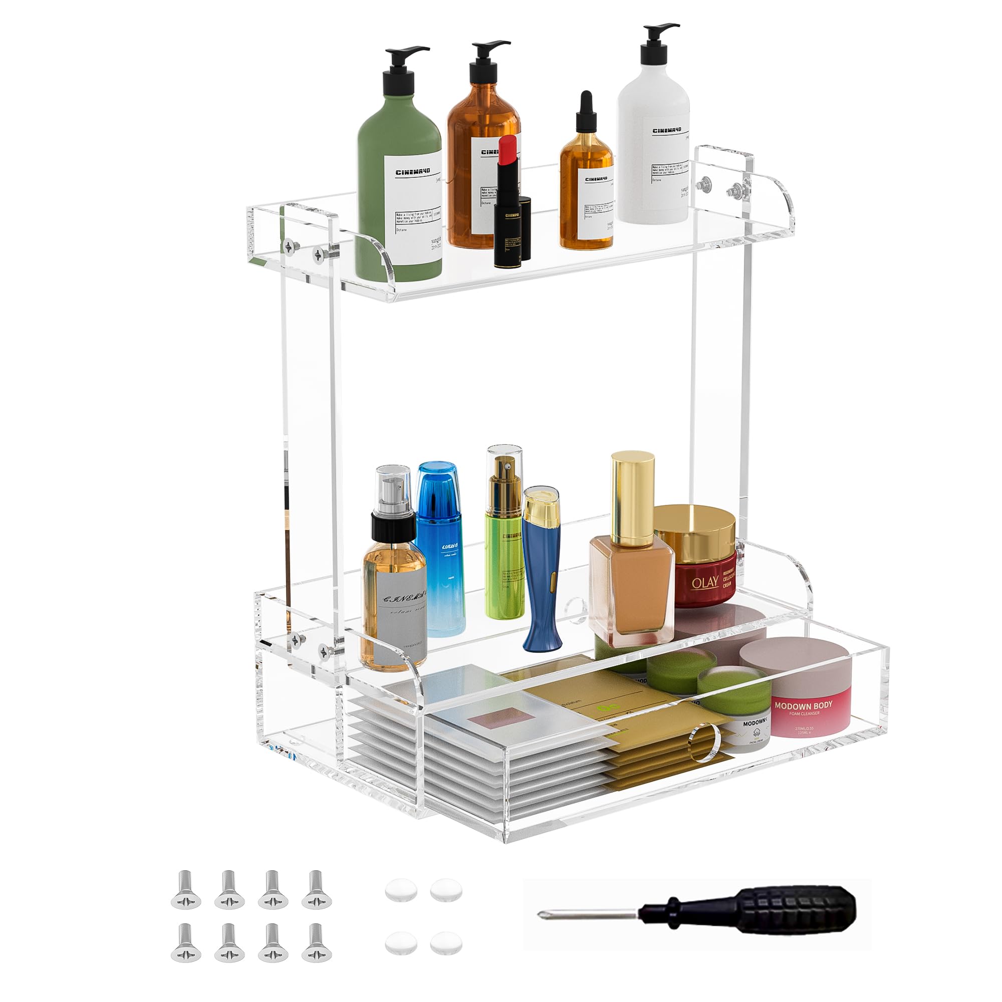 Hongtuocb 2 Tier Clear Acrylic Bathroom Counter Organizer with Drawer,Acrylic Vanity Tray for Makeup Organizer,Skin Care Organizer,Kicthen and Office