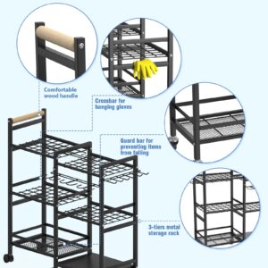 NADAMOO Large Garden Tool Organizer with Rolling Wheel, Metal Shelf Yard Tool Holder, 3-tier Utility Stand Rack for Garage Organization and Storage, Hold Long-Handled Rakes, Shovel, Broom