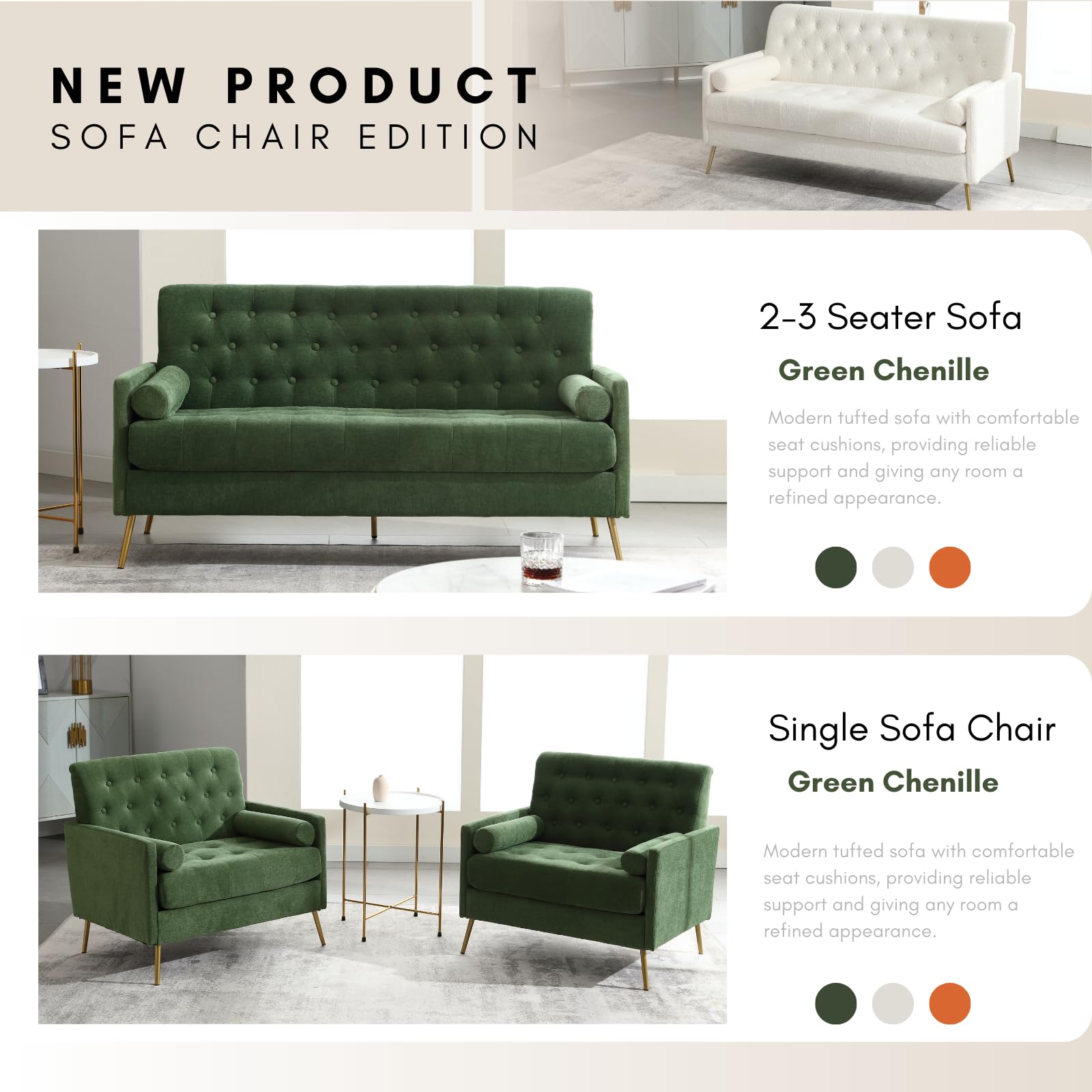 60” Couch Sofa,Mid Century Modern Upholstered Loveseat Sofa Tufted Small Sofa Love Seat Couch Track Armrest with 2 Bolster Pillows for Small Space Living Room Bedroom Apartment, Green Chenille