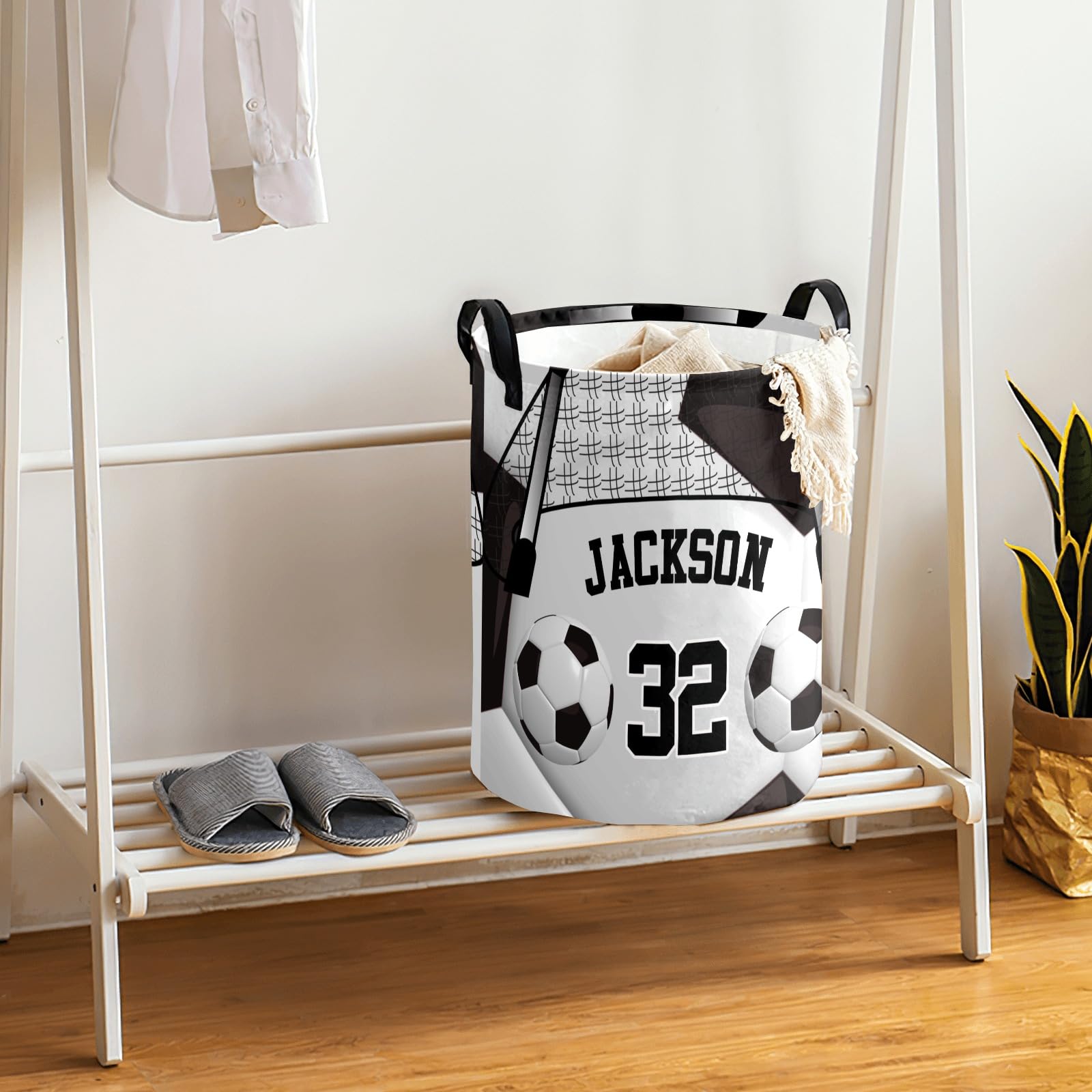 Custom Laundry Hamper,Soccer Sport Black Laundry Basket Round Clothes Storage Basket for Bedroom, 14.17x19.68 in