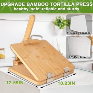 Bamboo Wooden Tortilla Press - 10 Inch Wood Tortilla Maker Press Square with 60 Pcs Parchment Paper and Scraper, Mexican Tortillera Presser 4.5” to 10" for Homemade Tortillas, Pataconera & Dough Press