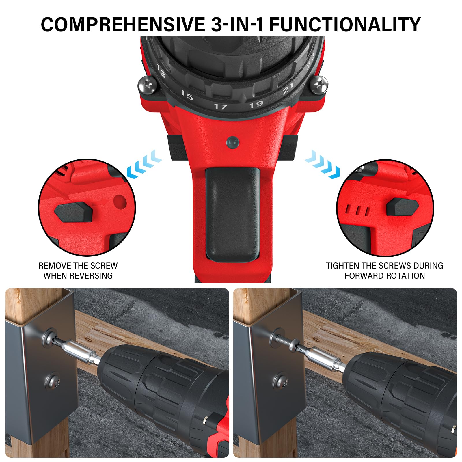 Cordless Drill Set, 21V Power Drill Kit with 398 inch-lbs & Torque Rating 25+1, 2 Variable Speeds Electric Power Drill 3/8” Keyless Chuck with LED & 29 pcs Accessories Electric Driver for DIY (1.5 Ah)