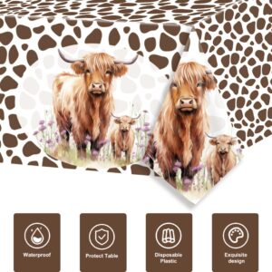 3Pcs Highland Cow Tablecloth Brown Cow Print Table Cover Kids Birthday Party Disposable Rectangle Plastic Waterproof for Baby Shower Decorations 54 x 108 inches