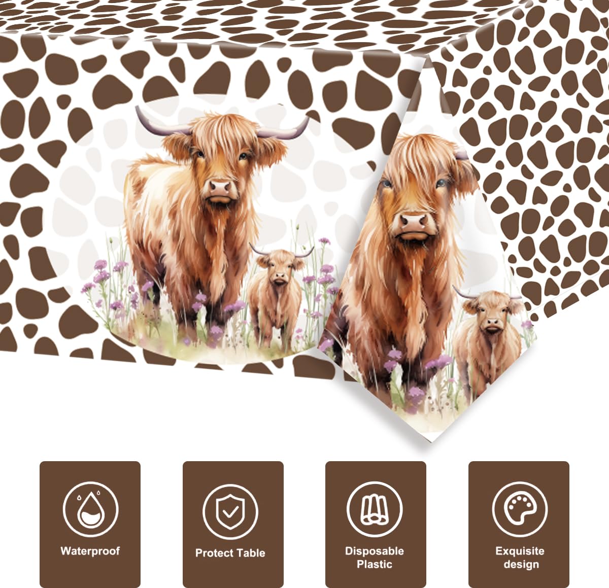 3Pcs Highland Cow Tablecloth Brown Cow Print Table Cover Kids Birthday Party Disposable Rectangle Plastic Waterproof for Baby Shower Decorations 54 x 108 inches