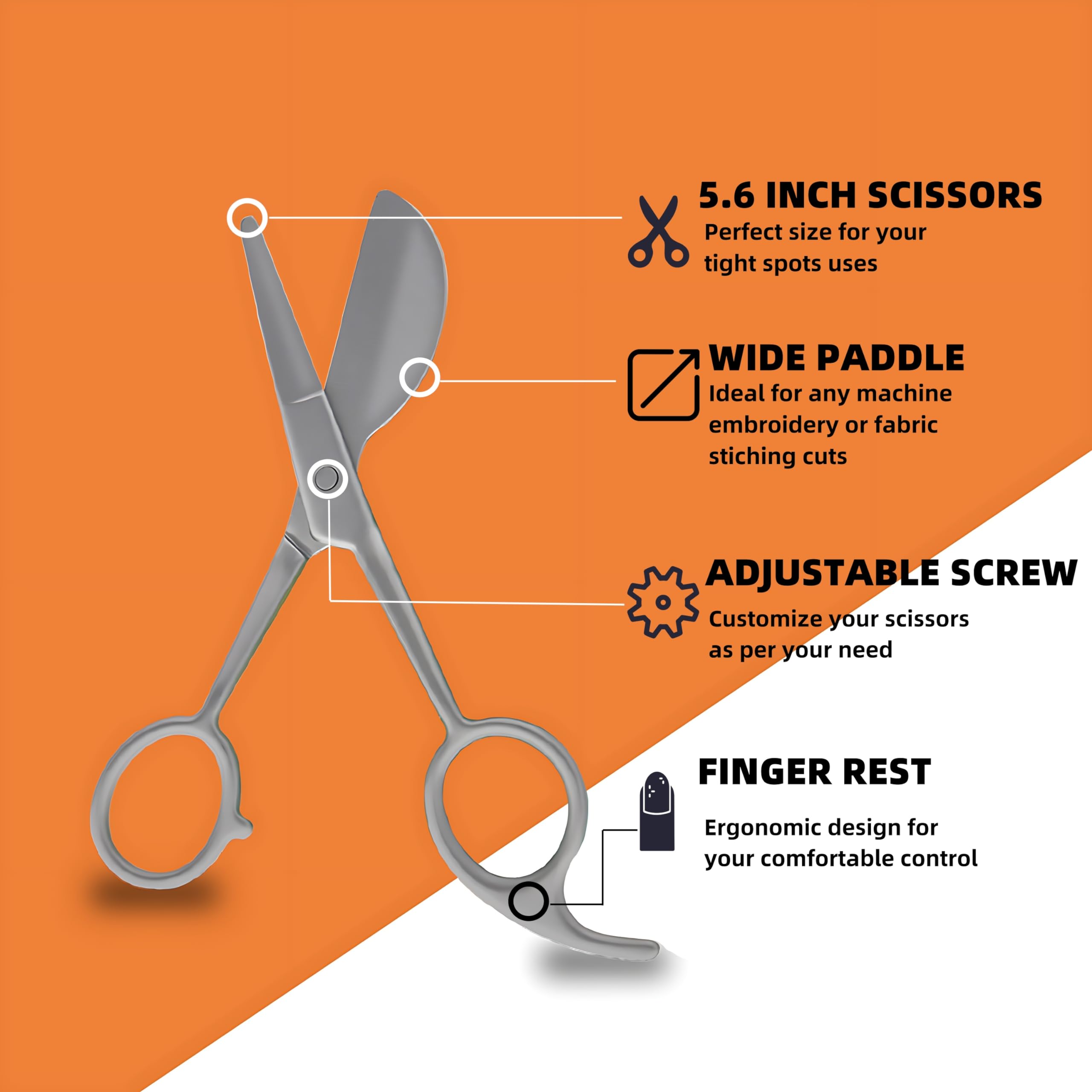 Duckbill Applique Scissors 5.63 Inch Carpet Pile Scissors Bent Curved Offset Handle with Finger Rest, Paddle Shaped Blades, Razor Sharp Cut, Stainless Steel, for Embroidery, Fabric, Arts & Craft