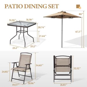 Crestlive Products 6 PCS Patio Dinning Set, 4 Folding Chairs, Square Tempered Glass Table and Umbrella Set, Outdoor All Weather Furniture for Lawn, Deck, Backyard, Garden (Khaki Chairs & Umbrella)