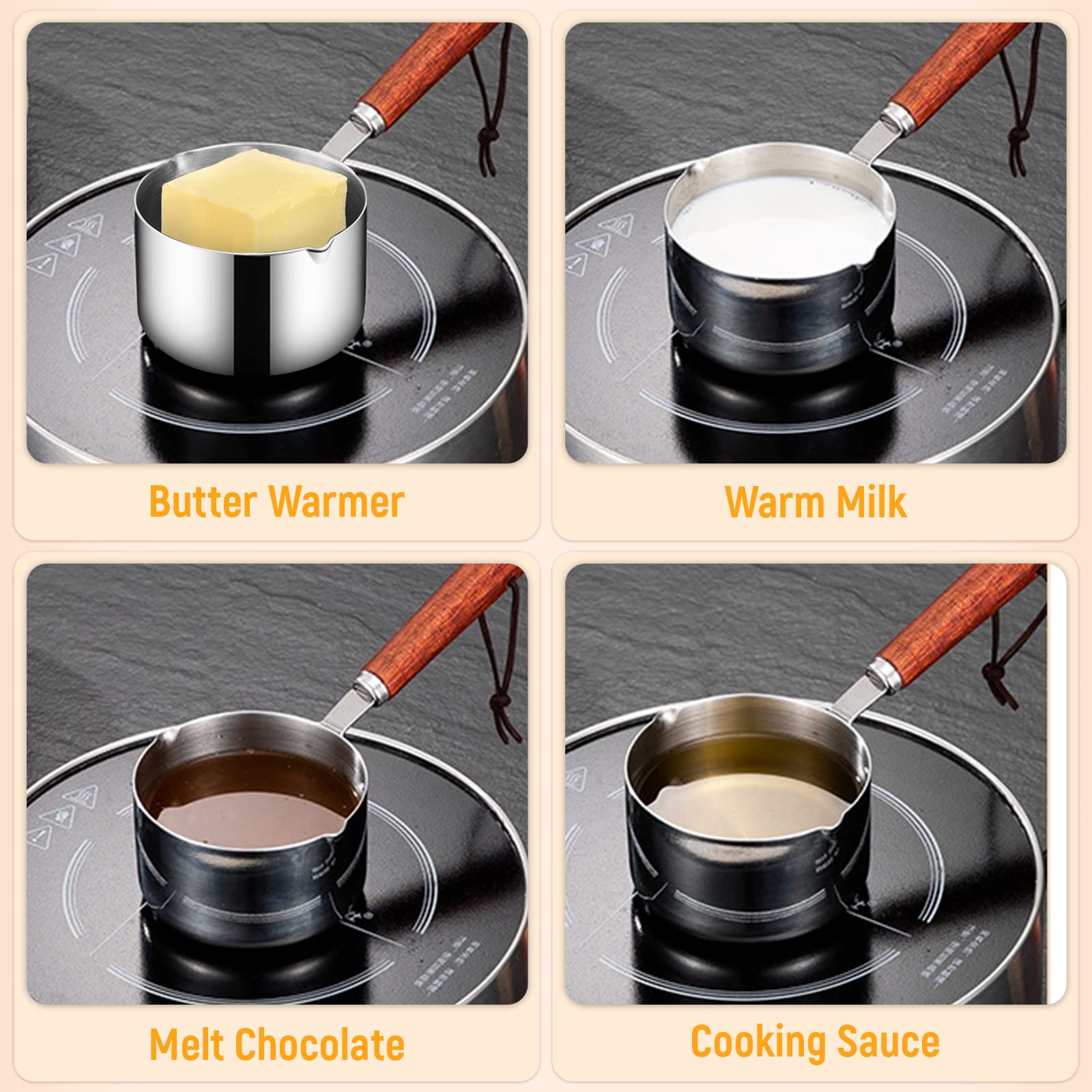 Stainless Steel Sauce pan, Mini Milk Warmer Pot Soup Pan with Wooden Handle Small Saucepan for Butter Warmer Heating Milk Cooking Sauce (125ml)