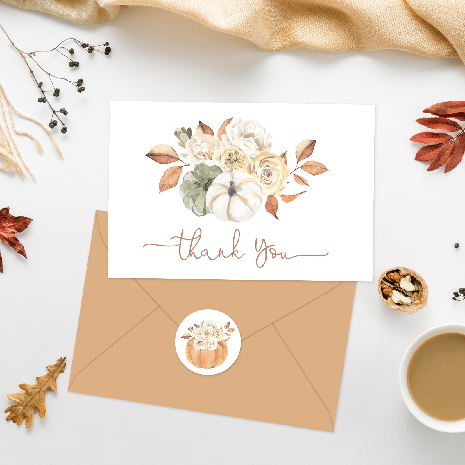 Whaline 50 Pack Fall Thank You Cards Bulk Watercolor Autumn Floral Pumpkin Note Cards with Envelopes Stickers Retro Blank Cards for Thanksgiving Harvest Wedding Baby Bridal Shower