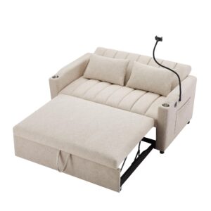 Tdewlye 55.9'' Convertible Sleeper Sofa Bed with 2 Side Pockets, 3 USB Ports, Cup Holders and 360°Swivel Phone Holder, Loveseat Sofa Couch with Pull-Out Bed, 2 Pillows (Beige-BG)