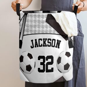 Custom Laundry Hamper,Soccer Sport Black Laundry Basket Round Clothes Storage Basket for Bedroom, 14.17x19.68 in