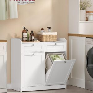 VASAGLE Bathroom Laundry Cabinet with Basket, with 2 Drawers and 2 Hidden Laundry Hampers, Freestanding, Tilt-Out Laundry Baskets with Handles, 15.8 x 31.1 x 31.5 Inches, Cloud White UBBC751W01