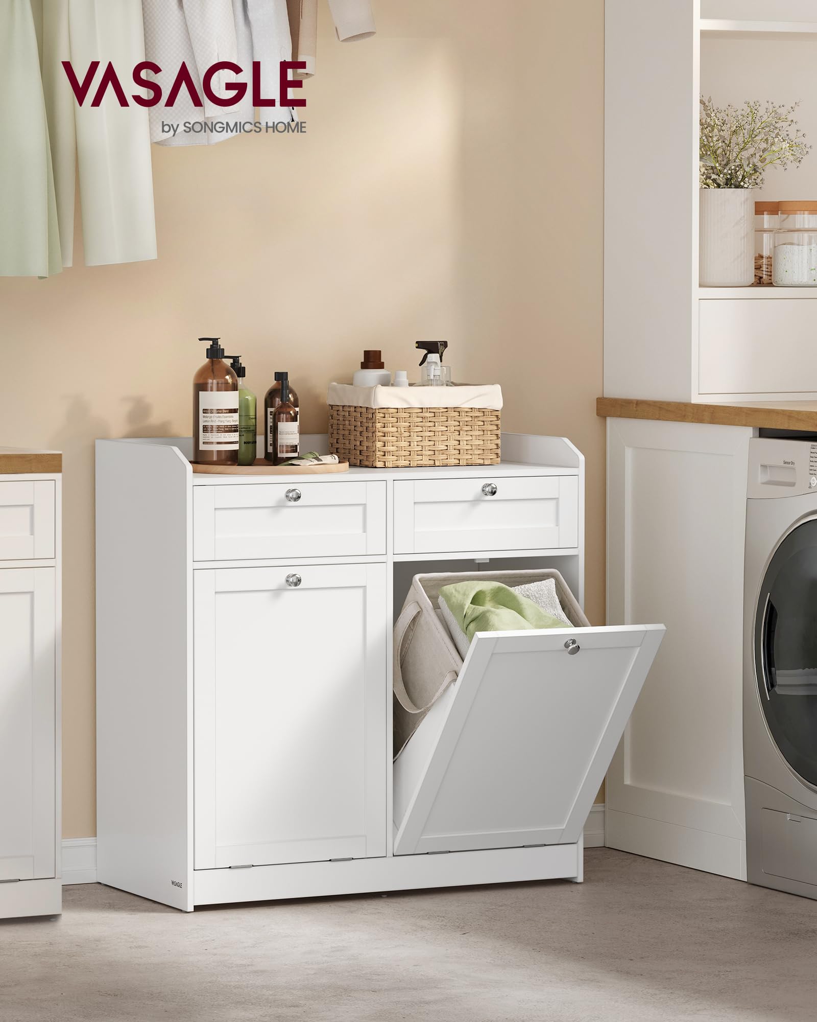 VASAGLE Bathroom Laundry Cabinet with Basket, with 2 Drawers and 2 Hidden Laundry Hampers, Freestanding, Tilt-Out Laundry Baskets with Handles, 15.8 x 31.1 x 31.5 Inches, Cloud White UBBC751W01