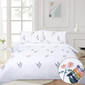 YINFUNG Embroidered Duvet Cover Floral King White Flower Pink Green Blue Blossom Girly French Country Rustic Girls Women Bedding Set 104x90