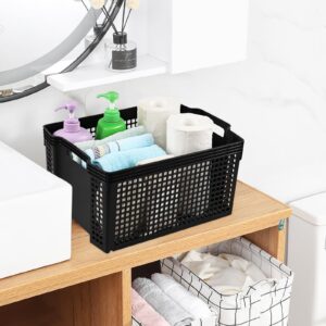 Begale 12 Pack Large Plastic Storage Baskets Organizer, Black Stacking Storage Basket Bin for Pantry, Shelves