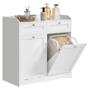 vasagle bathroom laundry cabinet with basket, with 2 drawers and 2 hidden laundry hampers, freestanding, tilt-out laundry baskets with handles, 15.8 x 31.1 x 31.5 inches, cloud white ubbc751w01