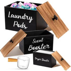 dandat 3 pcs dryer sheet holder laundry pod holder scent booster container set with scoop rustic wood dryer sheet container laundry pods container laundry beads dispenser for storage (black)