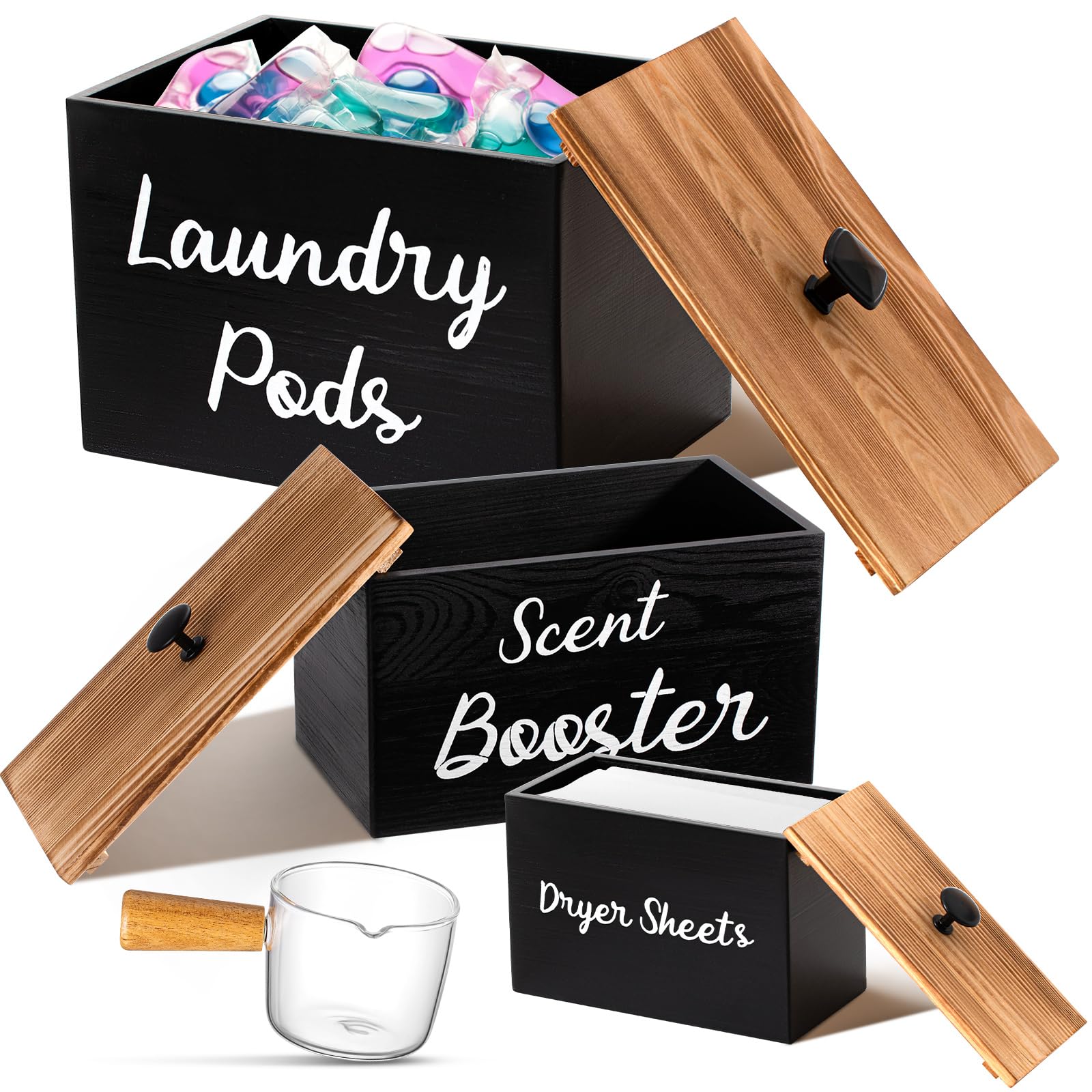 Dandat 3 Pcs Dryer Sheet Holder Laundry Pod Holder Scent Booster Container Set with Scoop Rustic Wood Dryer Sheet Container Laundry Pods Container Laundry Beads Dispenser for Storage (Black)