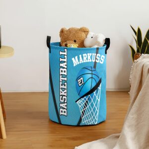 Custom Laundry Hamper,Basketball Blue Laundry Basket Round Clothes Storage Basket for Bedroom, 14.17x19.68 in