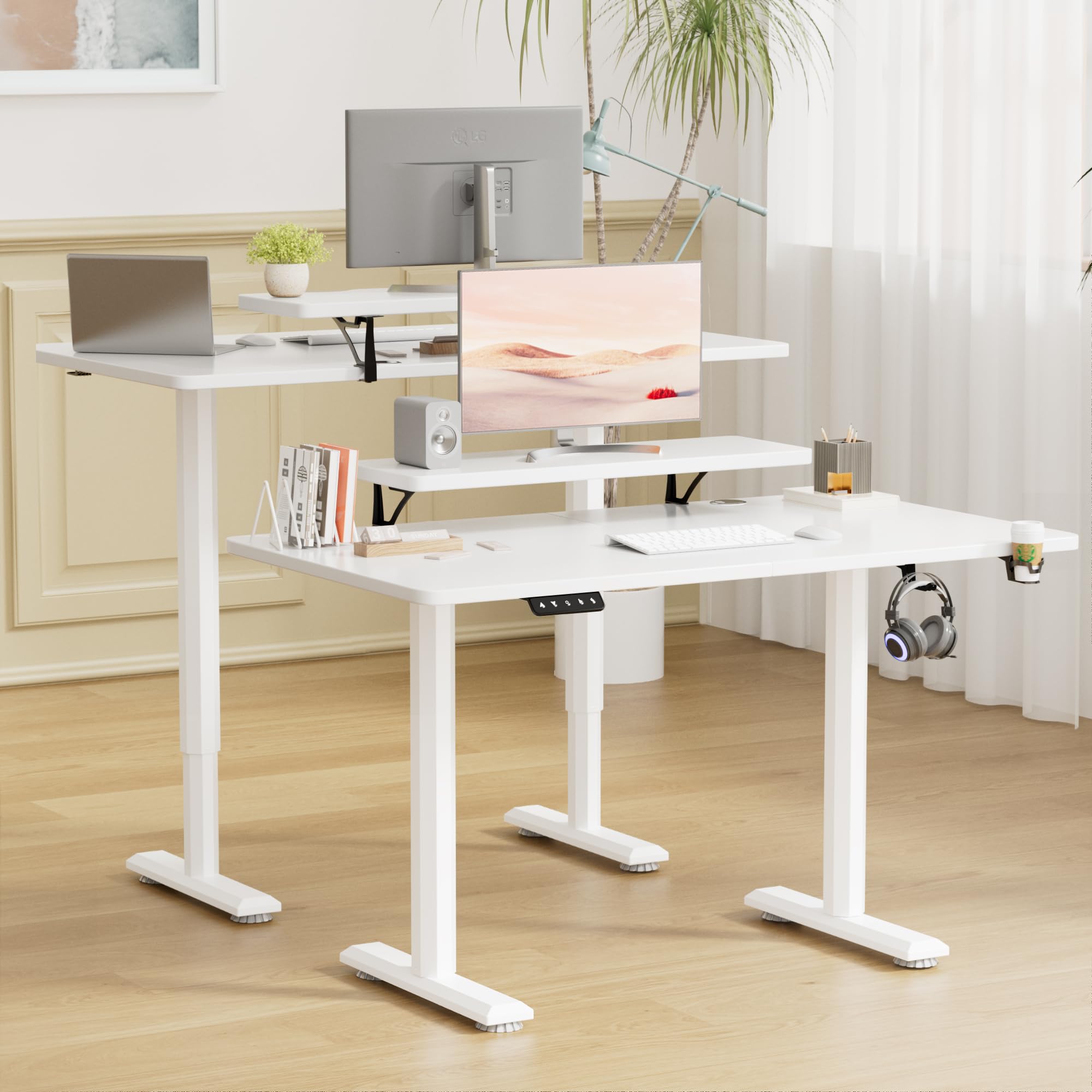 YESHOMY Electric Standing Desk with Monitor Shelf, 47 x 24 Inches Height Adjustable Corner Table, Computer Workstation with Cup Holder and Hook for Home Office, White