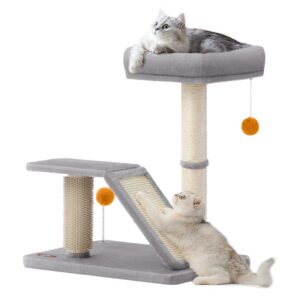 feandrea cat scratching post, small cat tree tower, multifunctional cat scratcher with self groomer brush, rotatable ramp, pompoms, cat perch bed for indoor cats, light gray upca024g01