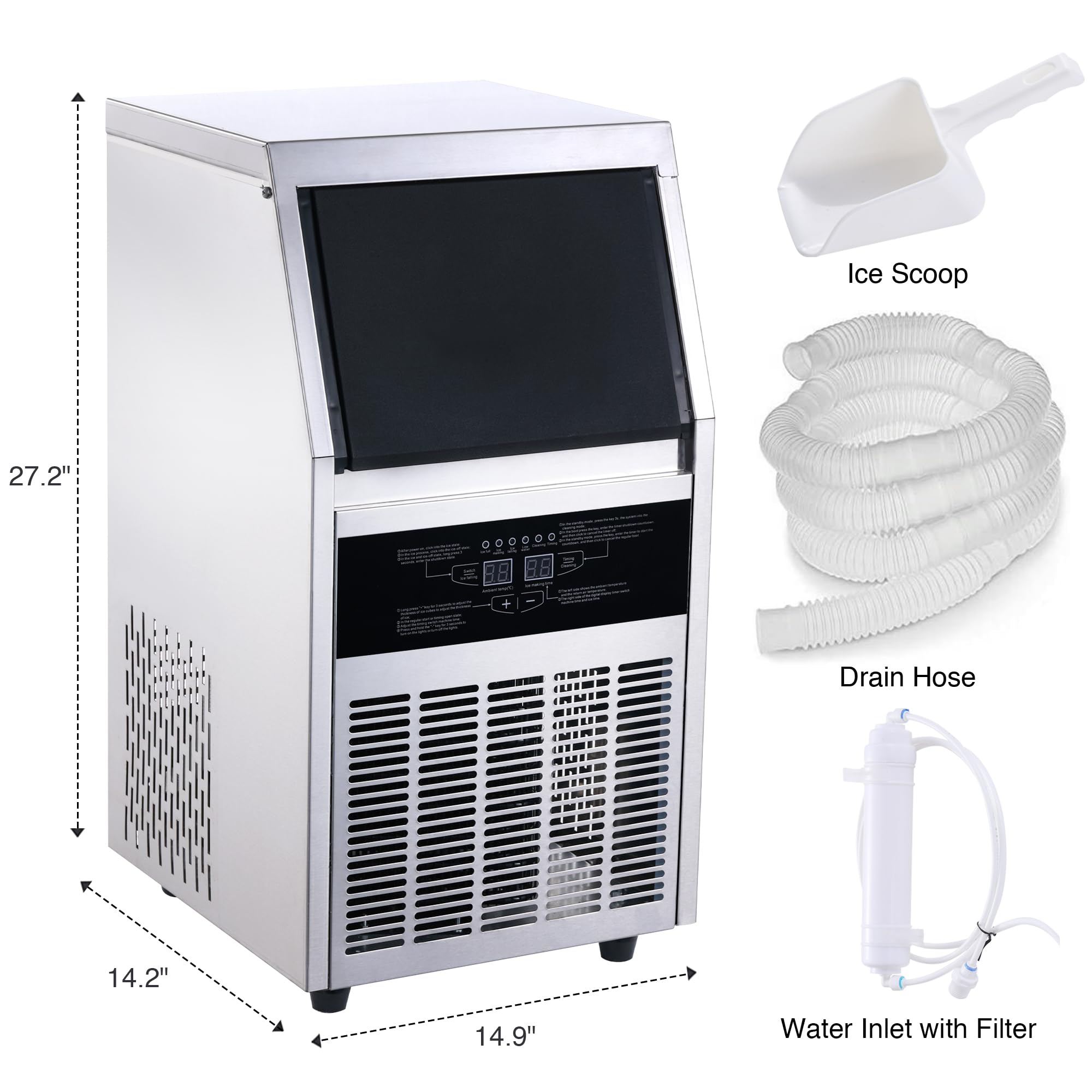 Commercial Ice Maker Machine, 90LBS/24H Ice Maker, Stainless Steel Freestanding/Under Counter Ice Machine with 25LBS Bin, 45 Ice Cubes, Self-Cleaning, Scoop, Ideal for Home Bar Offices