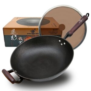 cast iron wok pan, 14.2" preseasoned nonstick stir-fry pans, flat bottom wok with glass lid and wood handle, uncoated traditional chinese wok for induction, electric, gas stoves