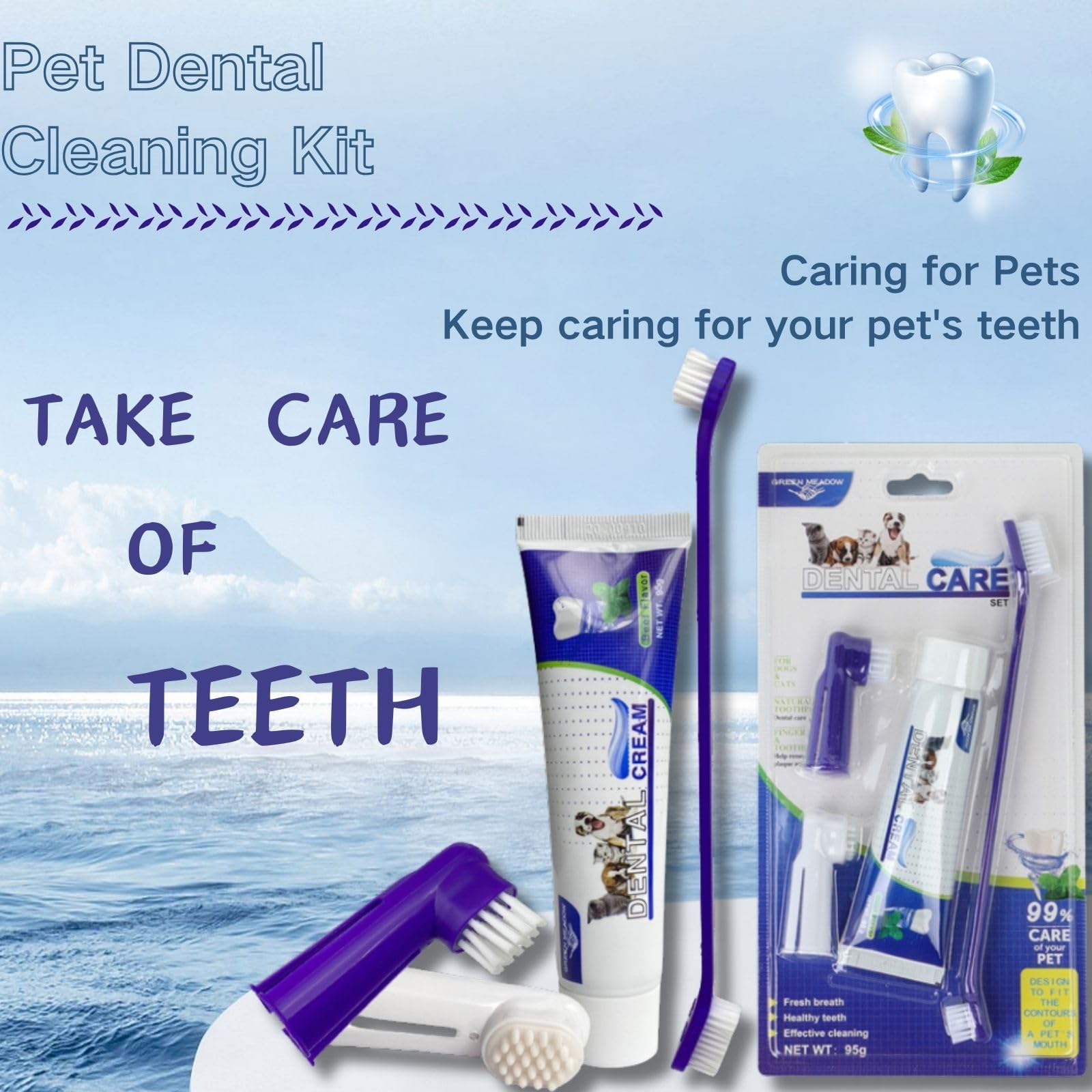 Pet Dog Dental Care Fresh Breath Kit with Dog Toothpaste, Dog Toothbrush and Finger Brush, Reduces Plaque & Cleans Tartar, Healthy & Clean Dog Teeth, Pet Toothpaste, Beef Flavor