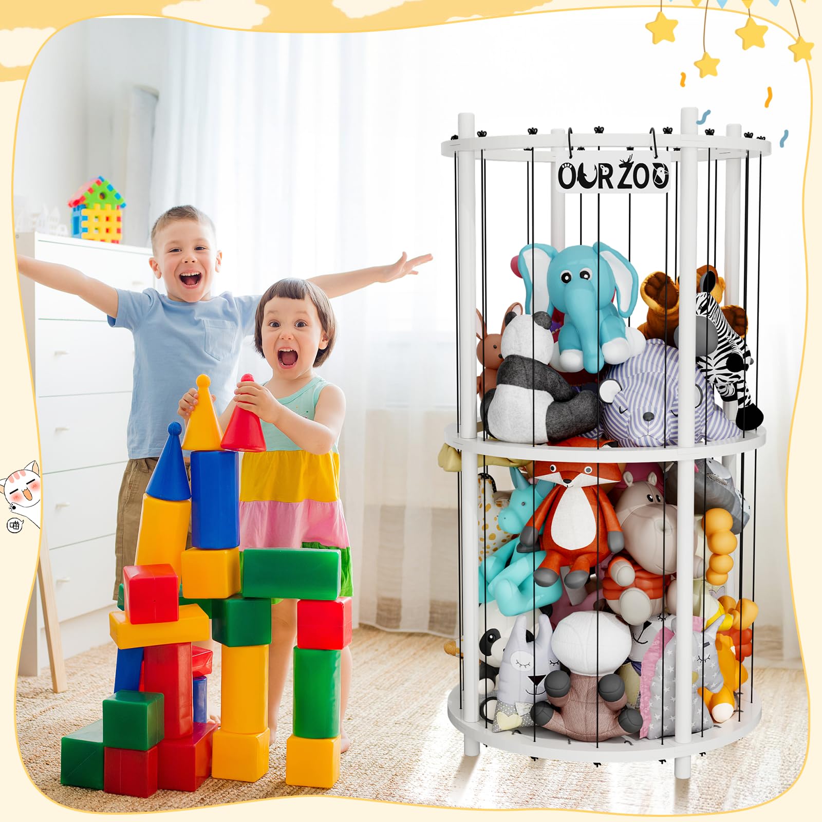 HAIDAIYA Wood Stuffed Animal Zoo Storage Cage, Extra Large Stuffed Animals Storage Bin Display, for Kids Room, Playroom, Plushies, Stuffy, Plush Toy, Stuff Animal Jail Basket, Toys Organizer Holder