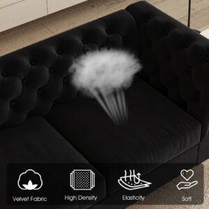 3 Seat Velvet Sofa Couch Modern Chesterfield Button Tufted Couches Comfy Contemporary Black Velvet Upholstered Sofas 83 Inch 3 Person Fashion with Metal Legs Couches for Living Room Office Furniture