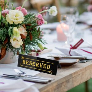 Clonivent 12 PCS Reserved Table Signs, Acrylic Black Reserve Sign for Wedding, Waterproof Double-Sided Reserved Seating Signs for Restaurant Party & Private Events (Black)