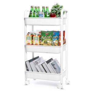 YSSOA Rolling Storage Cart, 3 Tier Slim Mobile Shelving Unit 360° Rotating Wheel Lockable Utility Cart, Ideal for Office, Kitchen, Bathroom, Laundry and Narrow Spaces, White